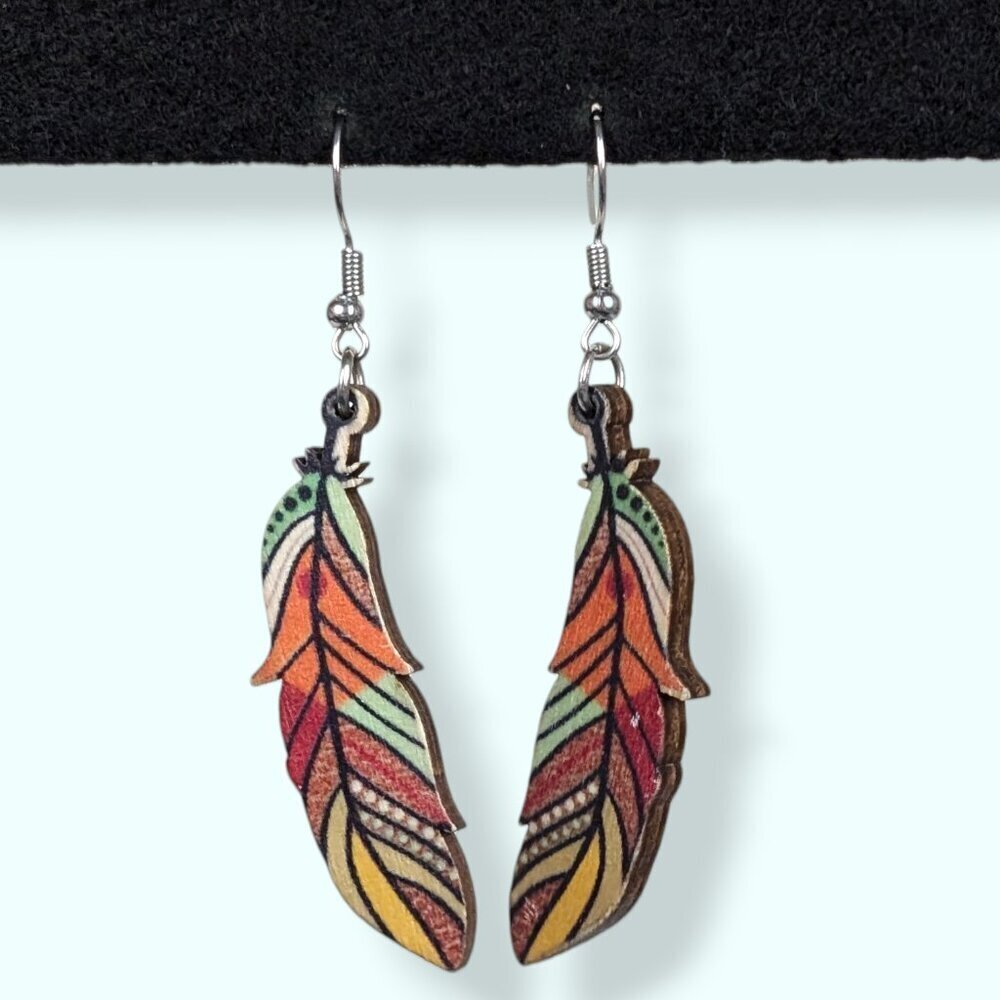(2/$20) Dangling Colourful Wood Feather Earrings